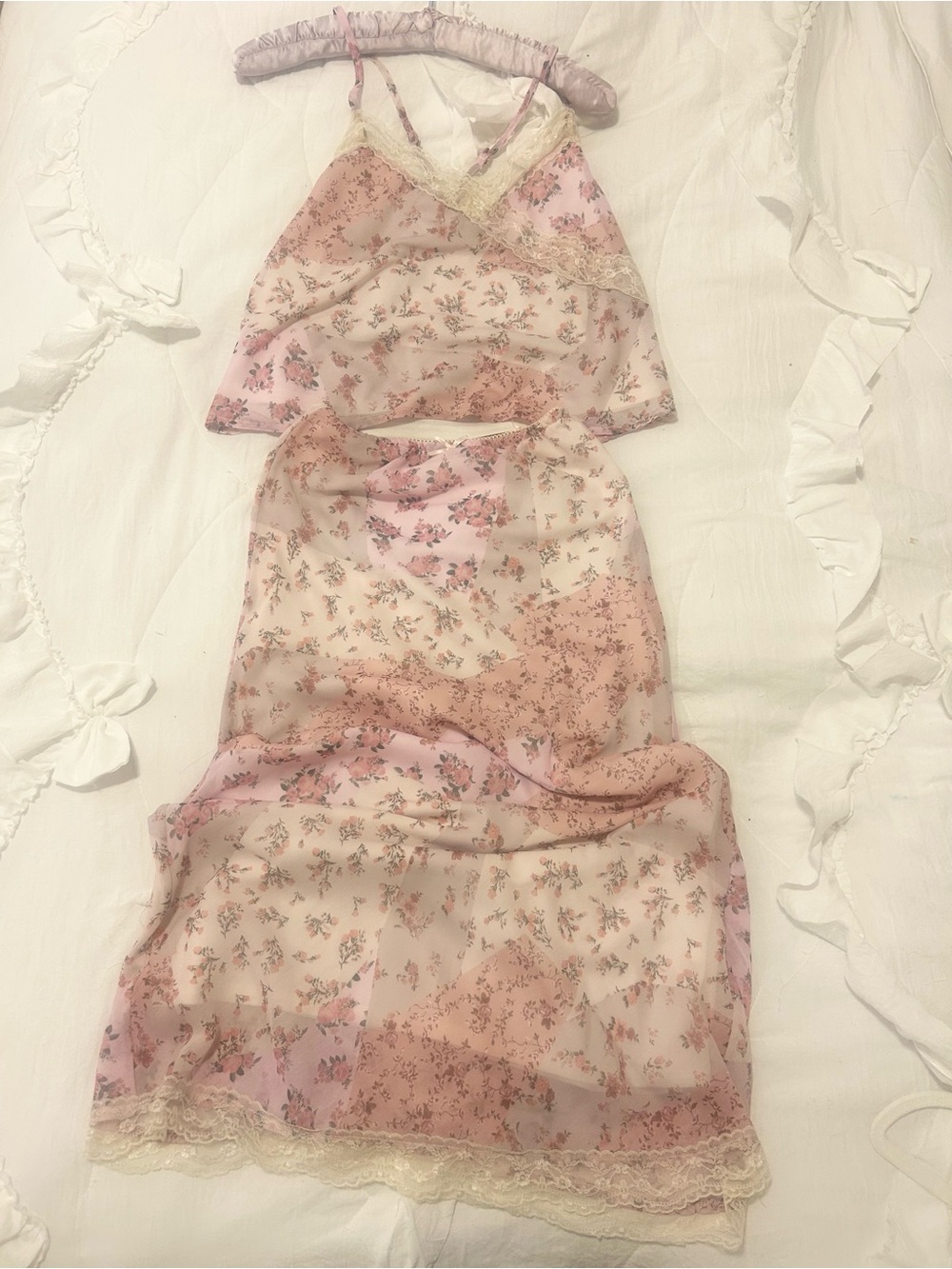 Pink Rose Pale Pink Floral Lace-Trim Slip Set